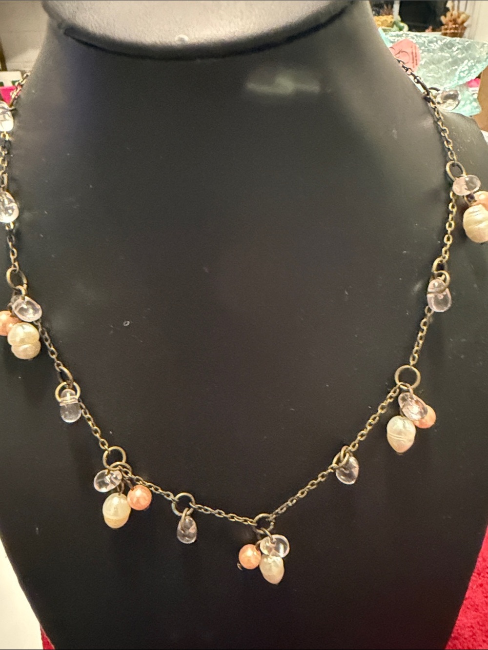 Vintage brass finish Peach and Clear Bead Dangle Necklace very good condition